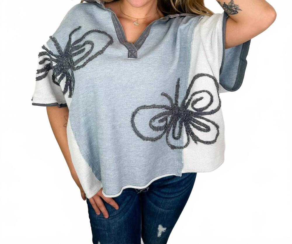 NEW OLI & HALI wonders of the world cotton blend short sleeve top in blue